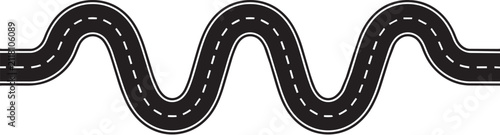 Seamless black wavy road illustration with white dashed lines isolated on a white background for travel design concepts