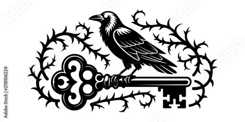 Bild auf Leinwand Gothic Raven Perched on Antique Skeleton Key with Thorny Vines