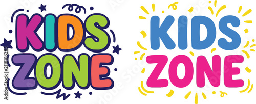 Kids zone colorful text design with playful bubble letters, stars, and confetti elements for children playground area