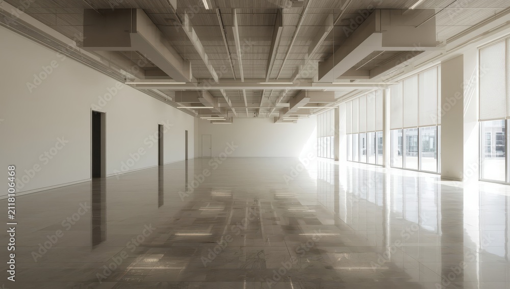 Fototapeta premium Spacious contemporary commercial area featuring acoustic panels, sleek design, reflective flooring, and window coverings, perfect for offices, showrooms, events, or renovations.