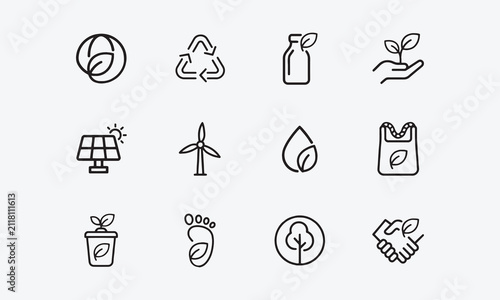 Editable eco-friendly business and green marketing line icon set for sustainable branding.