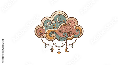 Ornate celestial cloud with moon and star ornaments.