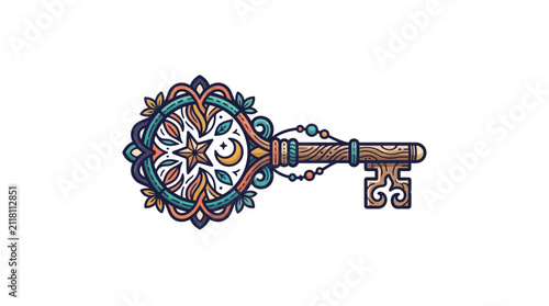 Ornate magical key with celestial moon pattern.