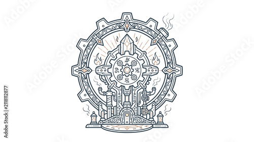 Ornate mechanical gear portal gate in line style.