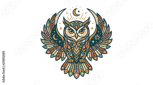Ornate owl illustration with crescent moon and celestial accents.