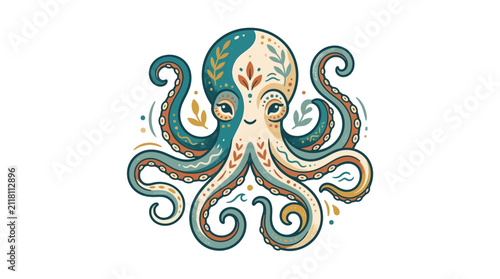 Ornate patterned octopus illustration in teal and cream.