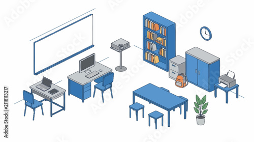 Modern classroom interior with blue furniture and technology.