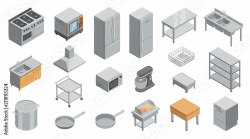 Collection of modern kitchen appliances and equipment.