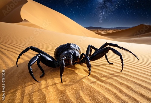 Silhouette of a Black Scorpion on Rippled Sand Under Starry Night Sky