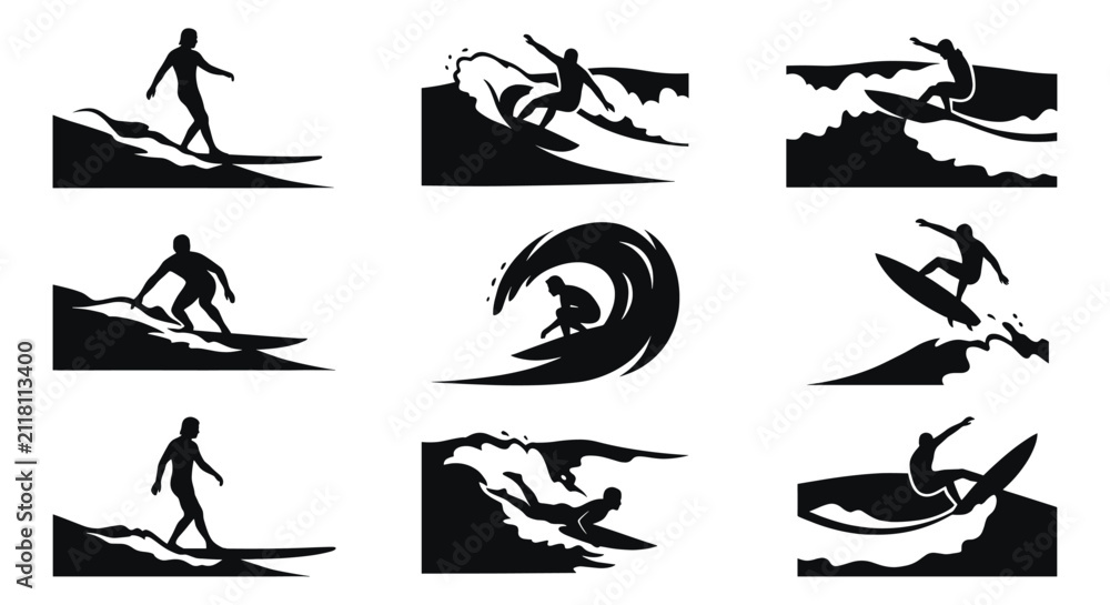 Obraz premium Surfing and wave riding silhouettes collection