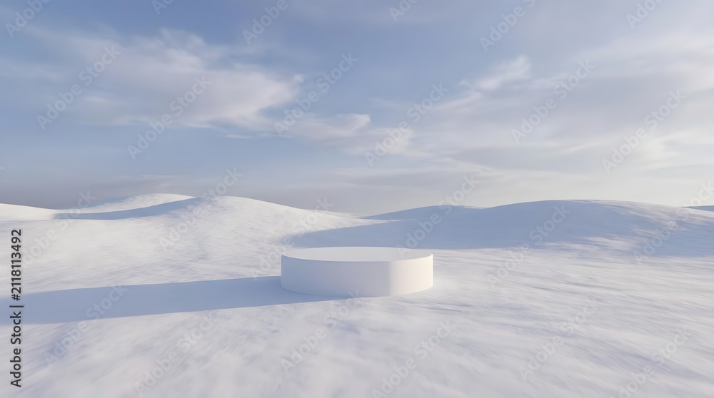 Fototapeta premium White cylindrical podium in snowy landscape