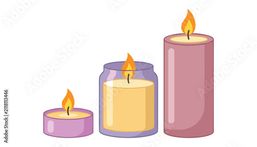 Quadro su tela Aromatic scented candles vector set with burning flame pillar candle jar candle