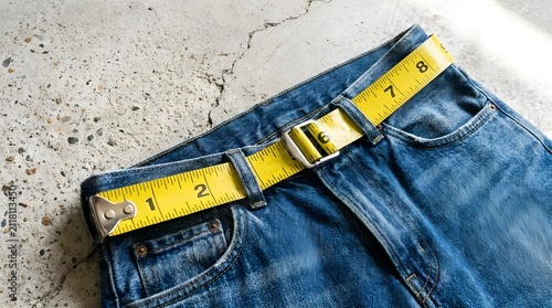 Yellow tape measure on blue denim jeans