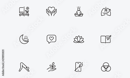 Editable wellness line icons for health, self-care, fitness, and printable vector designs.