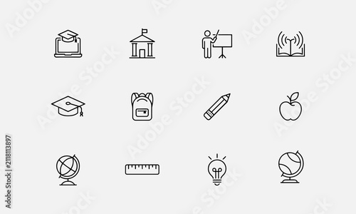 Back to School icons set. Includes E-Learning, University, Teacher, Audio Book