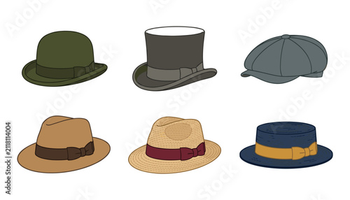 Fotografie Classic vintage men headwear vector set with gentleman top hat fedora bowler pan