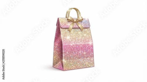 Sparkling pink and gold glitter gift bag with a metallic bow on a clean white background