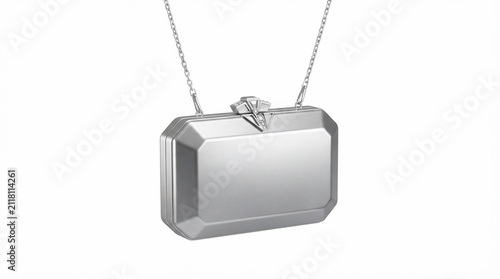 3D metallic party clutch bag with silver chain strap isolated on white background
