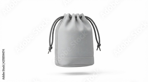 Minimalist Gray Fabric Drawstring Pouch Bag Mockup Isolated on White Background