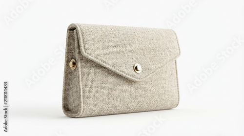 Modern Beige Fabric Wristlet Clutch Bag with Envelope Flap and Button Snap Isolated on White Background