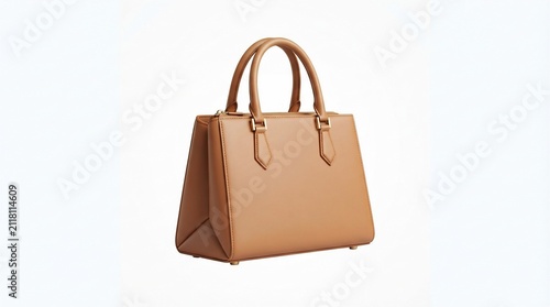 Elegant tan leather handbag with structured design and classic handles isolated on a clean white background for fashion and lifestyle concepts