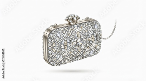 Luxury Metallic Silver Evening Minaudiere Clutch Bag with Crystal Embellishments Isolated on White Background