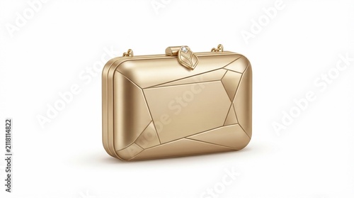 Luxury gold metallic clutch bag with geometric pattern isolated on white background