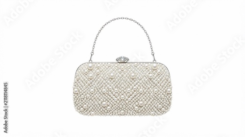 Elegant white pearl encrusted minaudiere evening clutch bag with delicate metallic handle and clasp