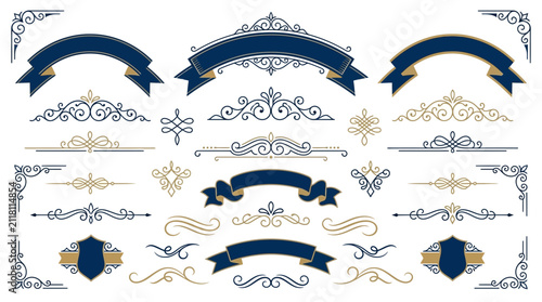 Elegant Decorative Ornaments, Ribbons, and Flourishes - Blue & Gold