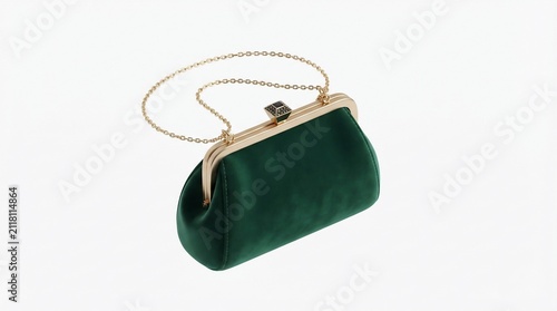 Elegant green velvet evening purse with gold chain isolated on white background