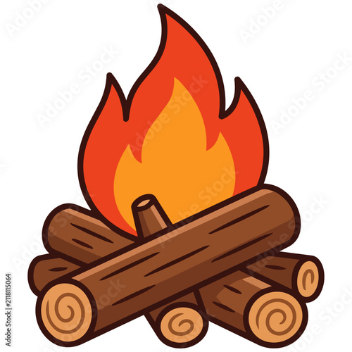 Illustrated Campfire Icon with Logs and Flame on White Background