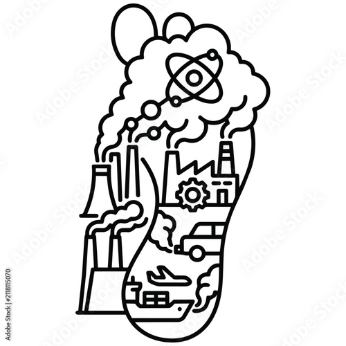 Conceptual illustration of carbon footprint with industrial icons inside footprint