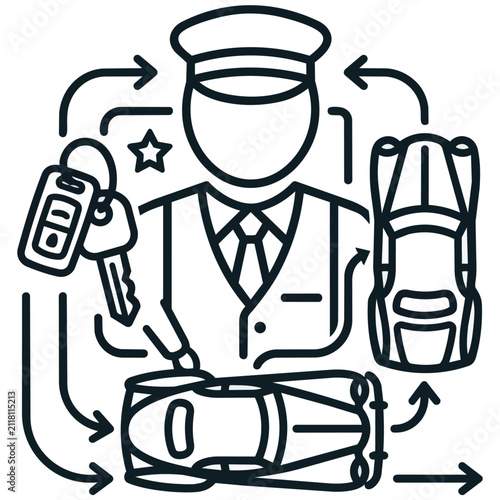 Valet Parking Service Icon with Key and Cars Outline Illustration
