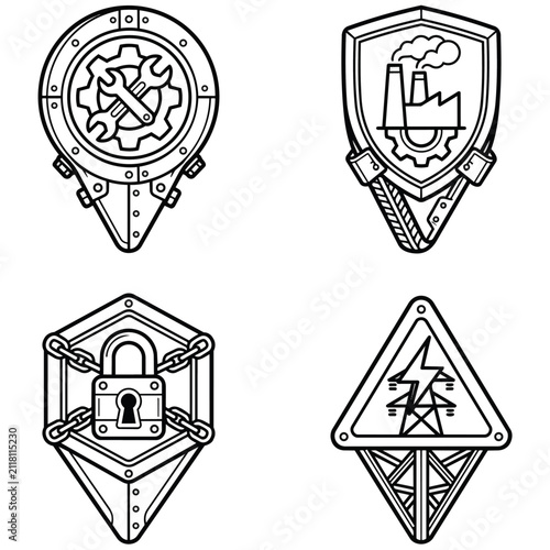 Illustration of Industrial and Security Emblems in Black Line Art Style