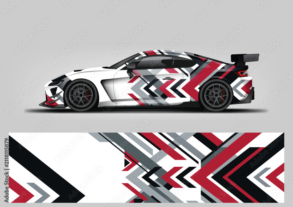 Fototapeta premium Aggressive automotive car wrap design vector template with sharp geometric speed lines in red and pink