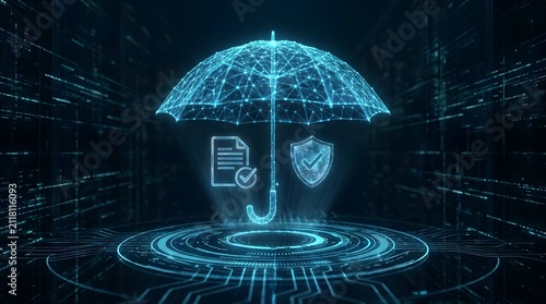 Digital umbrella and security icons in blue technology background