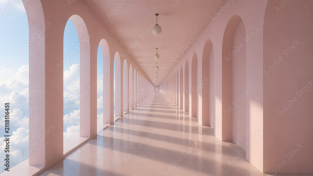 Fototapeta premium Surreal Endless Pink Archway Corridor Above the Clouds with Dreamlike Pastel Architecture