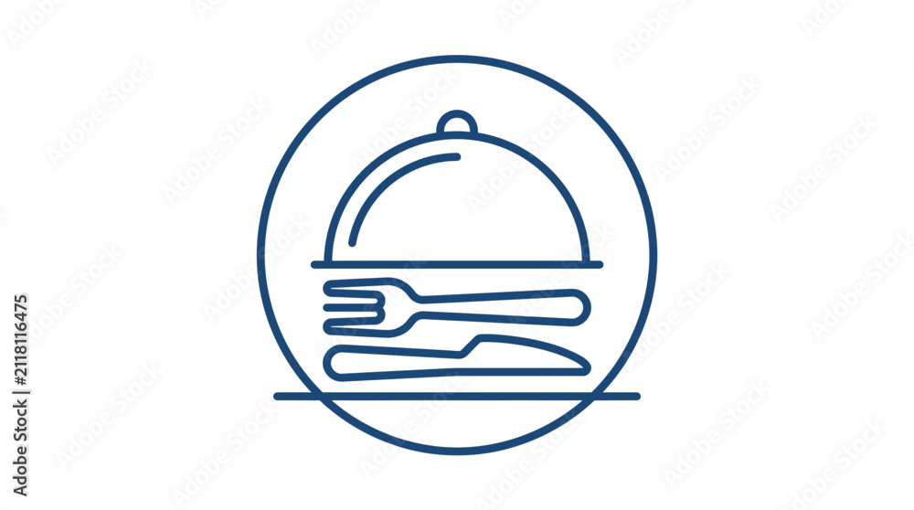 Fototapeta premium Restaurant cloche and cutlery icon in circle.