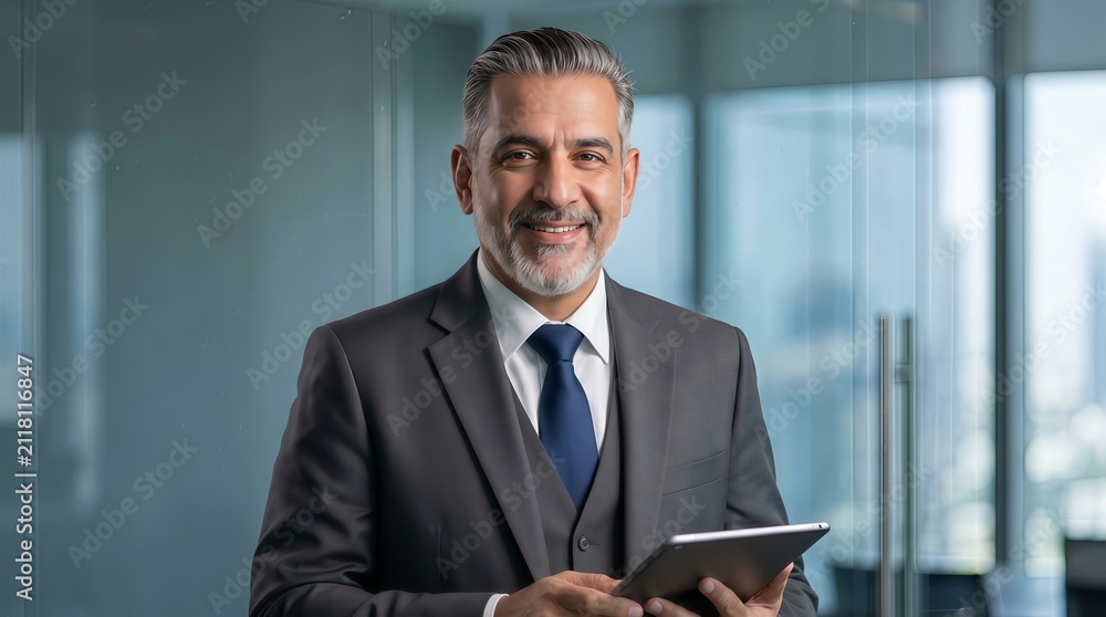 Fototapeta premium Professional businessman in a threepiece suit holding a tablet