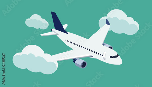 Minimalist vector illustration featuring a white commercial airplane flying through fluffy stylized clouds with displays clean minimalist solid teal background