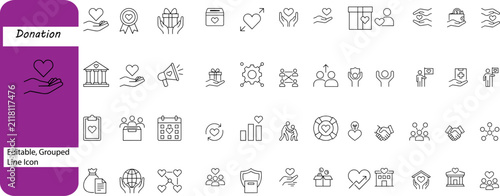 Donation line icon set, charity and non-profit organization symbols, humanitarian aid and volunteer, help, philanthropy, social, care, money, gift, community support vector icon 