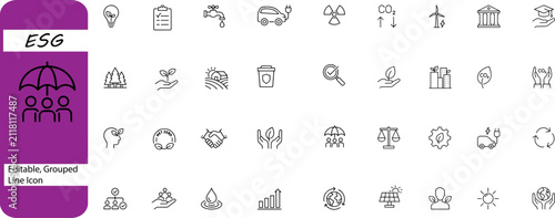 ESG line icon set for corporate social responsibility, environmental sustainability and governance symbols, 36 editable change, carbon, footprint, recycling, conservation, vector icons