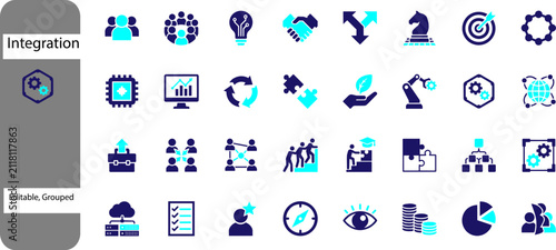 Integration business icon set, professional corporate strategy and teamwork symbols, 32 flat vector icons for digital transformation and management
