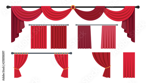 Set of red luxury stage curtains and velvet theater drapes with valance isolated on white background vector illustration