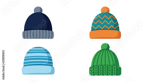 Obraz na płótnie Set of winter knitted beanie hats with pompons and various colorful patterns iso