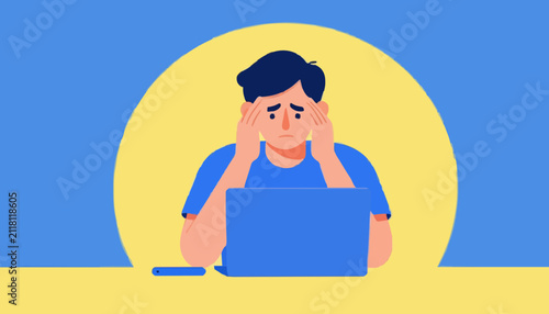 Stressed young man feeling overwhelmed while working on laptop computer at desk flat vector illustration with depicts frustrated man looking laptop screen