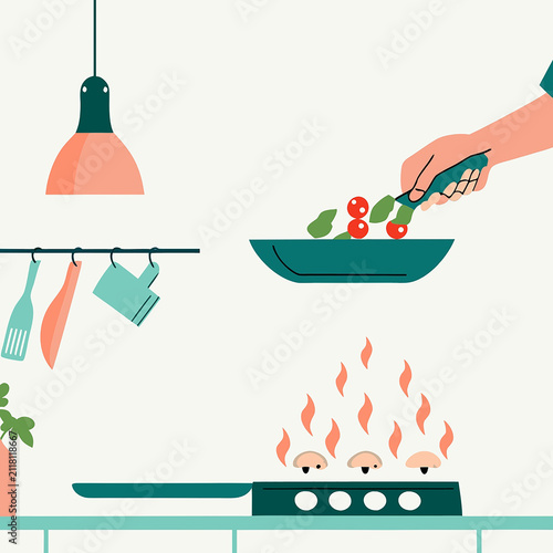 Flat Vector Illustration of Frying Vegetables in a Pan with Kitchen Utensils and Cooking Ingredients