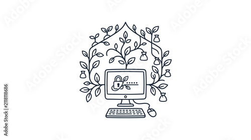Digital Security Growth: Computer with Lock Symbol and Growing Plant