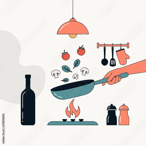 Flat Vector Illustration of Frying Vegetables in a Pan with Kitchen Utensils and Cooking Ingredients