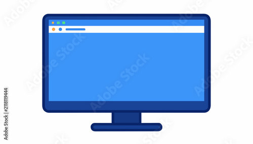 Minimalist blue computer monitor icon representing digital web browser interface for modern online communication with monitor with monitor
